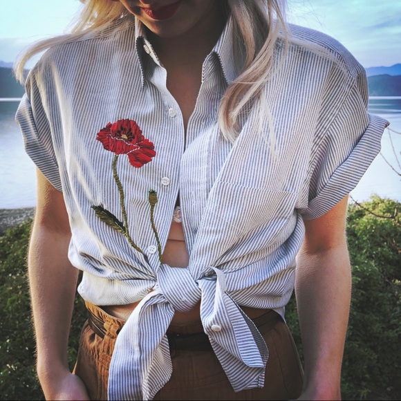 Vintage Tops - Hand Embroidered Poppy Striped Vintage Top